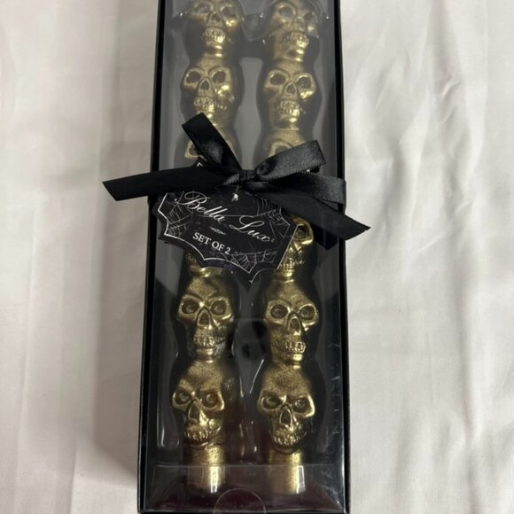 Bella Lux Halloween Skull Taper Candles Set of 2~ Gold 10" Tall - New - Picture 1 of 6